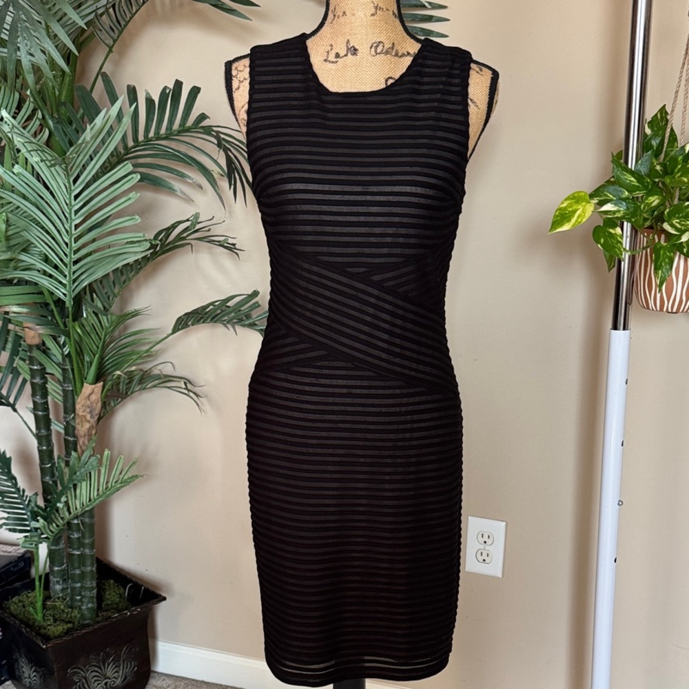 Calvin Klein Black Sheer Striped Midi Dress